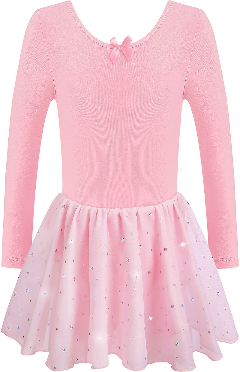 DANSHOW Girls Ballet Leotard Kids Long Sleeve Dance Leotard Dress with Glitter Tutu Skirt(4042-M-08) - Image 1